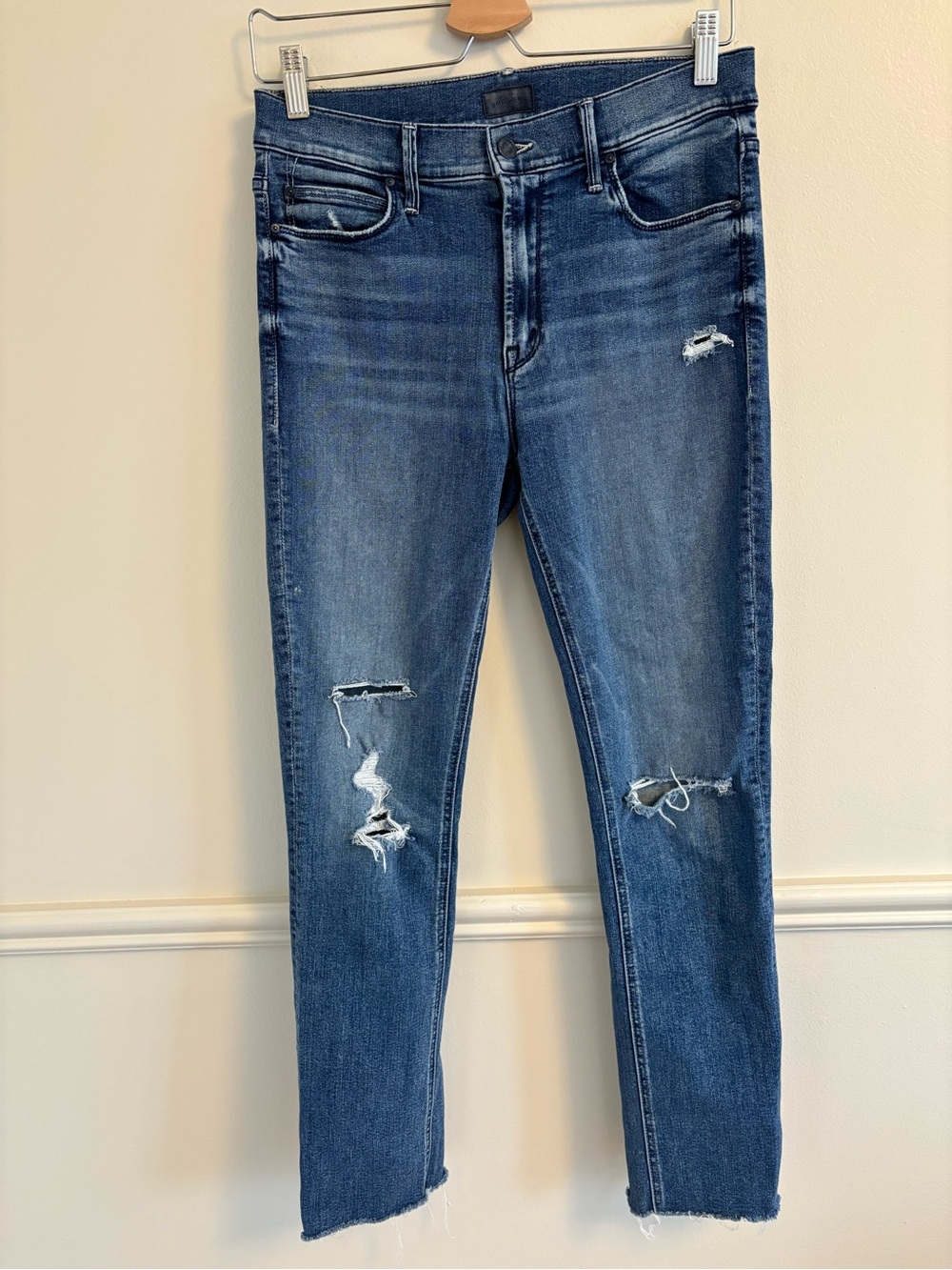 MOTHER the Dazzler Ankle Fray Straight Leg Distressed Jeans - Blue